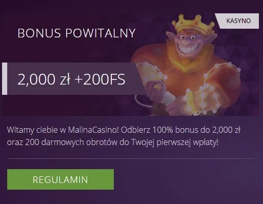 100% Bonus od pierwszej wpłaty + 200 darmowych spinów w Malina Casino