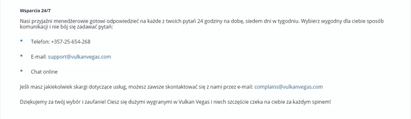 Kontakt wsparcie kasyno Vulkan Vegas