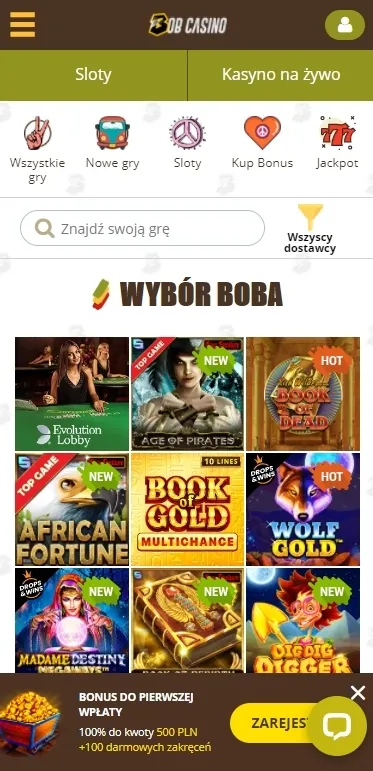 Mobilna wersja strony Bob Casino