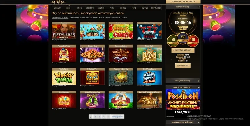 Popularne gry i sloty w Pan Casino