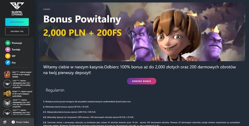 100% Bonus od pierwszej wpłaty + 200 spinów w Buran Casino